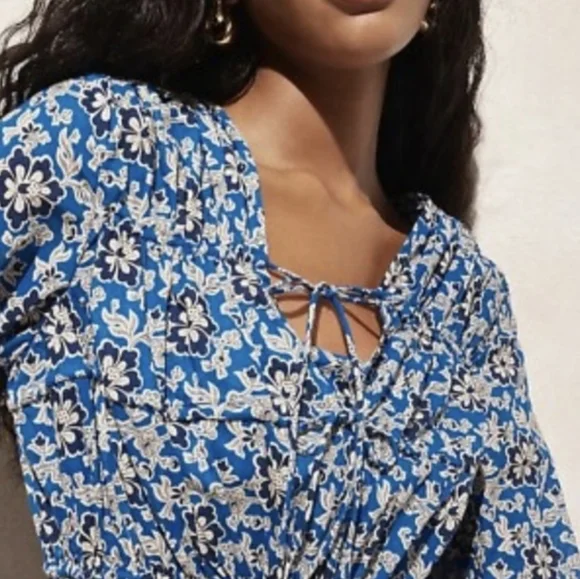 J. Crew Tiered Tie Front Beach Dress Cobalt Blue Floral Cotton Vneck Mini Sz XS - Picture 3 of 16